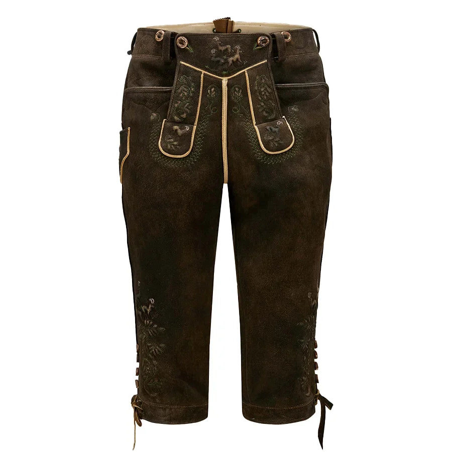 Brown leather pants with decorative stitching on a white background