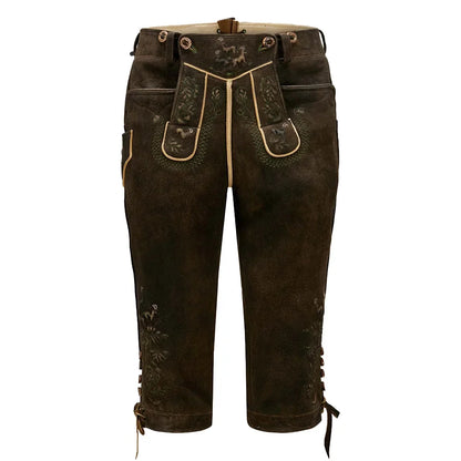 Brown leather pants with decorative stitching on a white background