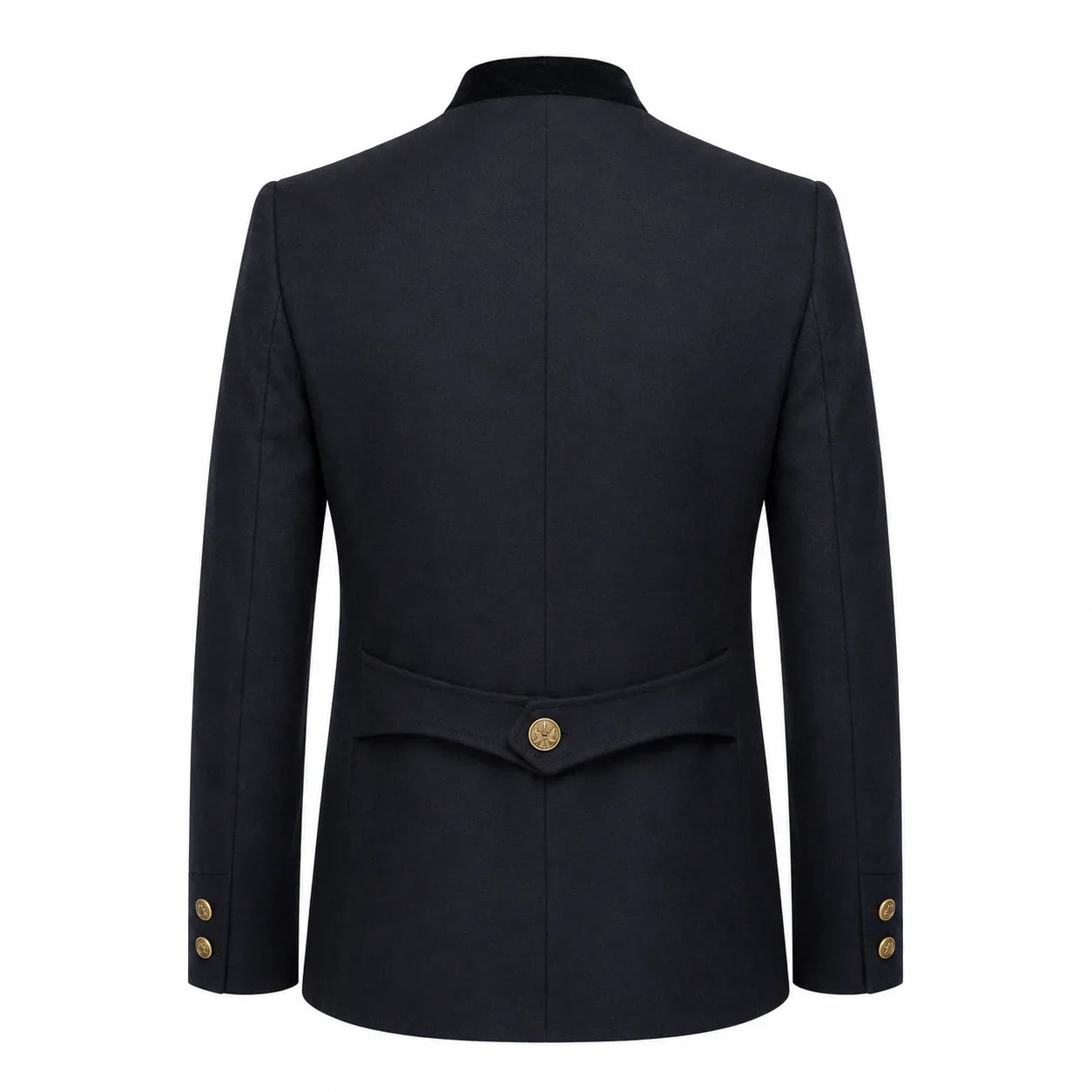 A dark navy blue men's blazer shown from the back, featuring a structured collar, long sleeves, and a single decorative gold button at the waist.