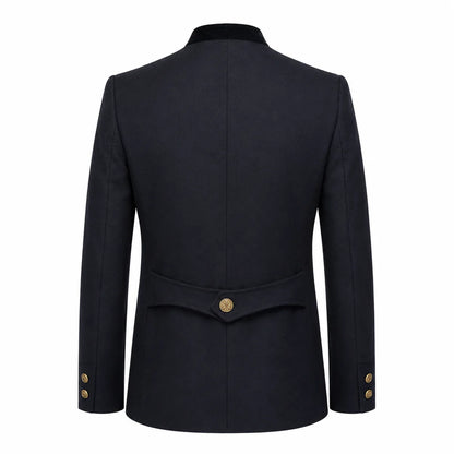 A dark navy blue men's blazer shown from the back, featuring a structured collar, long sleeves, and a single decorative gold button at the waist.