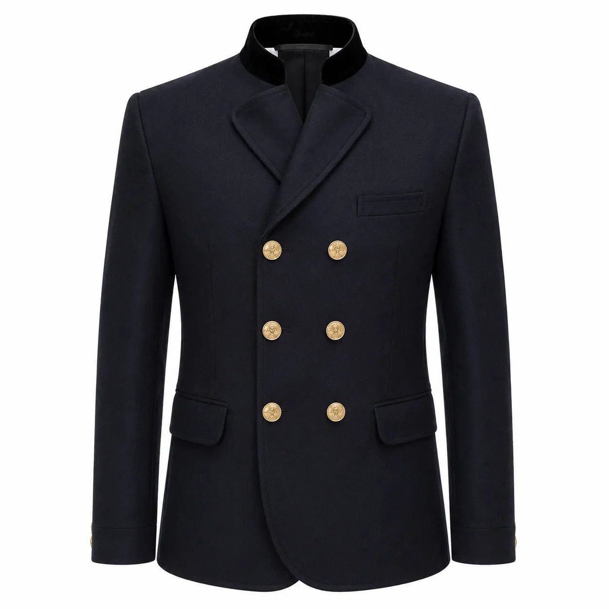A dark navy blue double-breasted blazer with gold buttons and a black collar, shown on a plain white background.