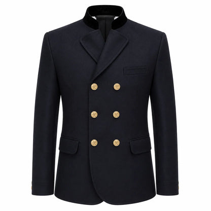A dark navy blue double-breasted blazer with gold buttons and a black collar, shown on a plain white background.