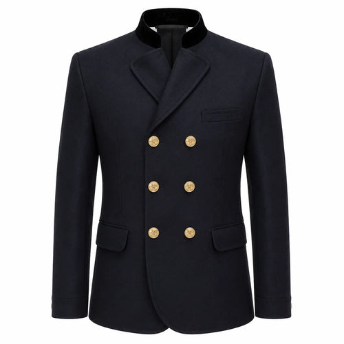 A dark navy blue double-breasted blazer with gold buttons and a black collar, shown on a plain white background.