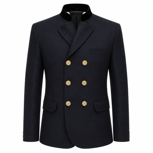 A dark navy blue double-breasted blazer with gold buttons and a black collar, shown on a plain white background.