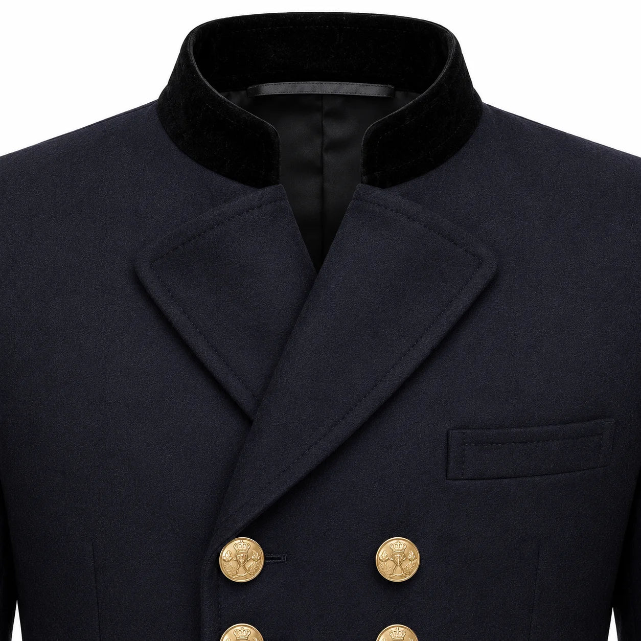 Close-up of a dark navy double-breasted coat with a black velvet collar and gold buttons, shown on a white background.
