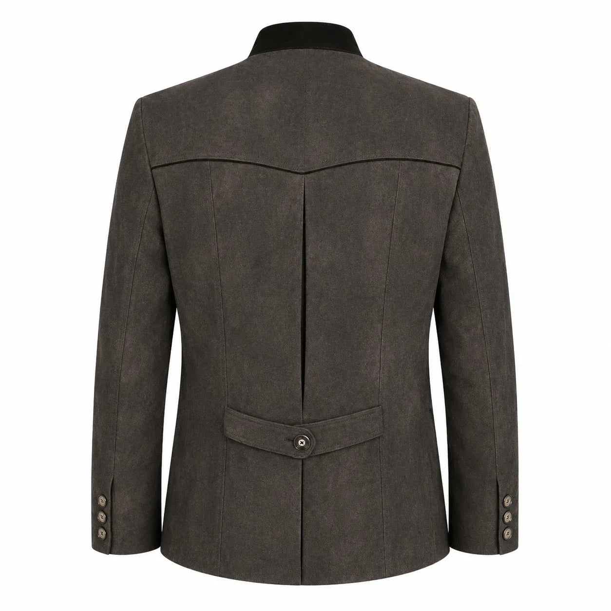 A dark brown textured blazer shown from the back, featuring a single button closure at the waist, a single button cuff, and a black collar, set against a plain white background.