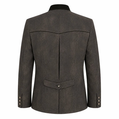 A dark brown textured blazer shown from the back, featuring a single button closure at the waist, a single button cuff, and a black collar, set against a plain white background.