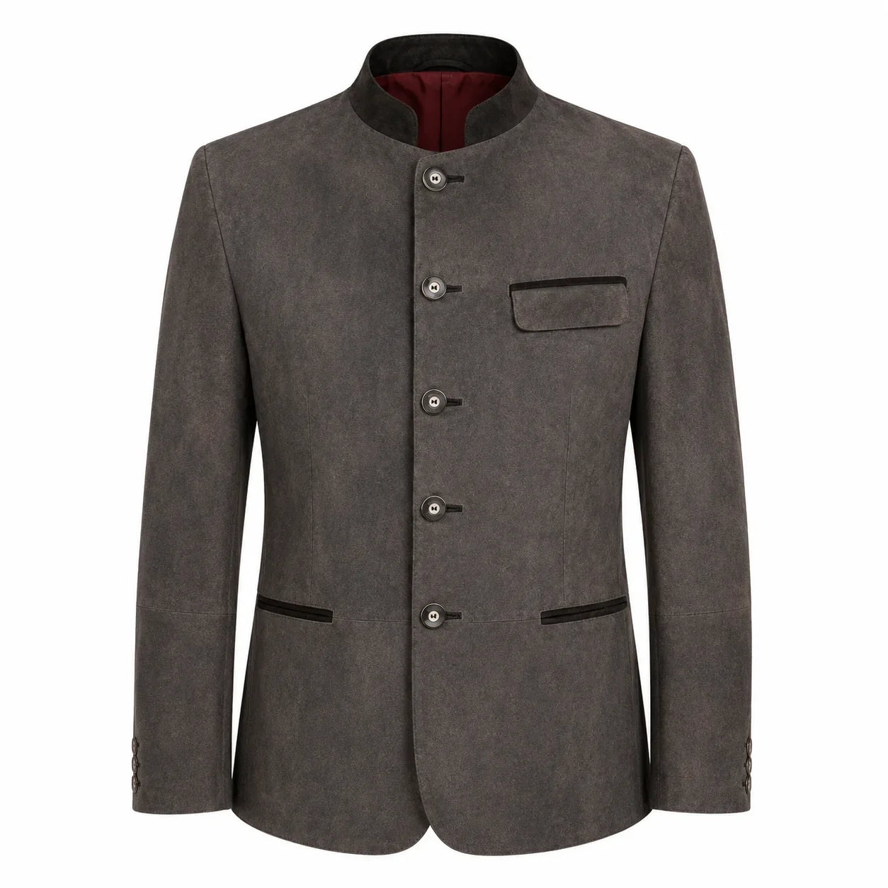 A men's dark gray textured jacket with a mandarin collar, four front buttons, a chest pocket, and welt pockets, shown on a plain white background.