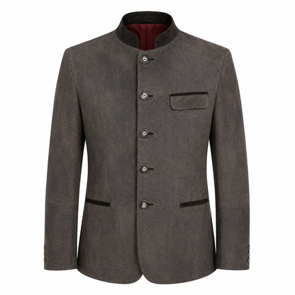 A men's dark gray textured jacket with a mandarin collar, four front buttons, a chest pocket, and welt pockets, shown on a plain white background.