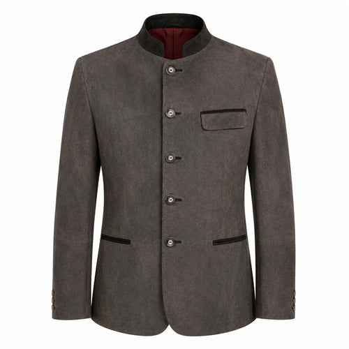 A men's dark gray textured jacket with a mandarin collar, four front buttons, a chest pocket, and welt pockets, shown on a plain white background.