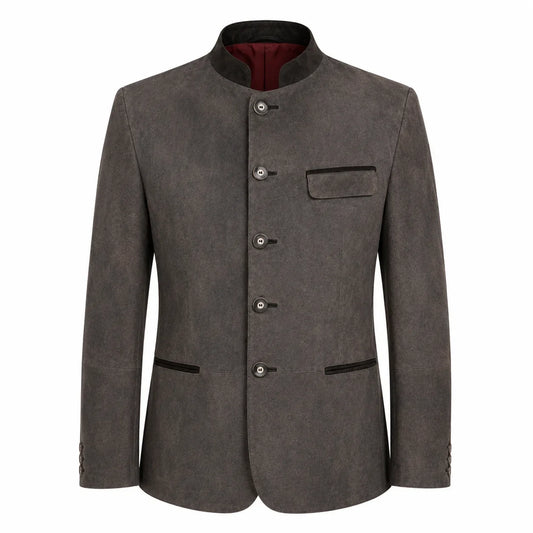A men's dark gray textured jacket with a mandarin collar, four front buttons, a chest pocket, and welt pockets, shown on a plain white background.
