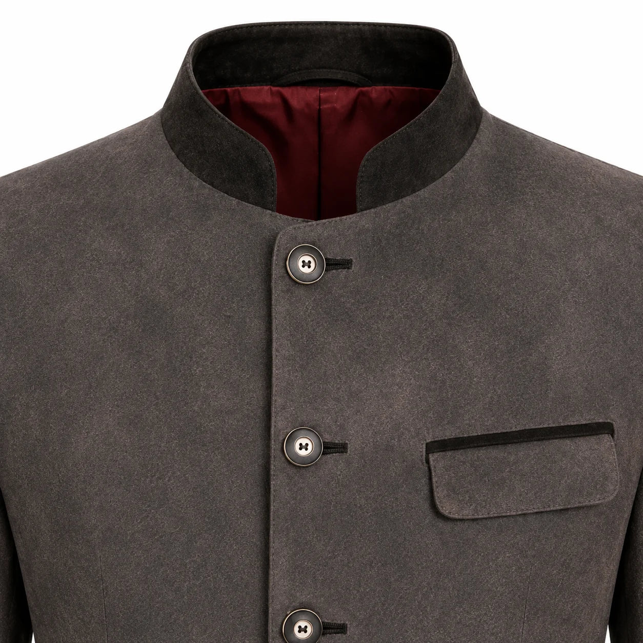 Close-up of a dark gray textured jacket with a mandarin collar, three front buttons, and a chest pocket, showing a burgundy lining inside the collar.