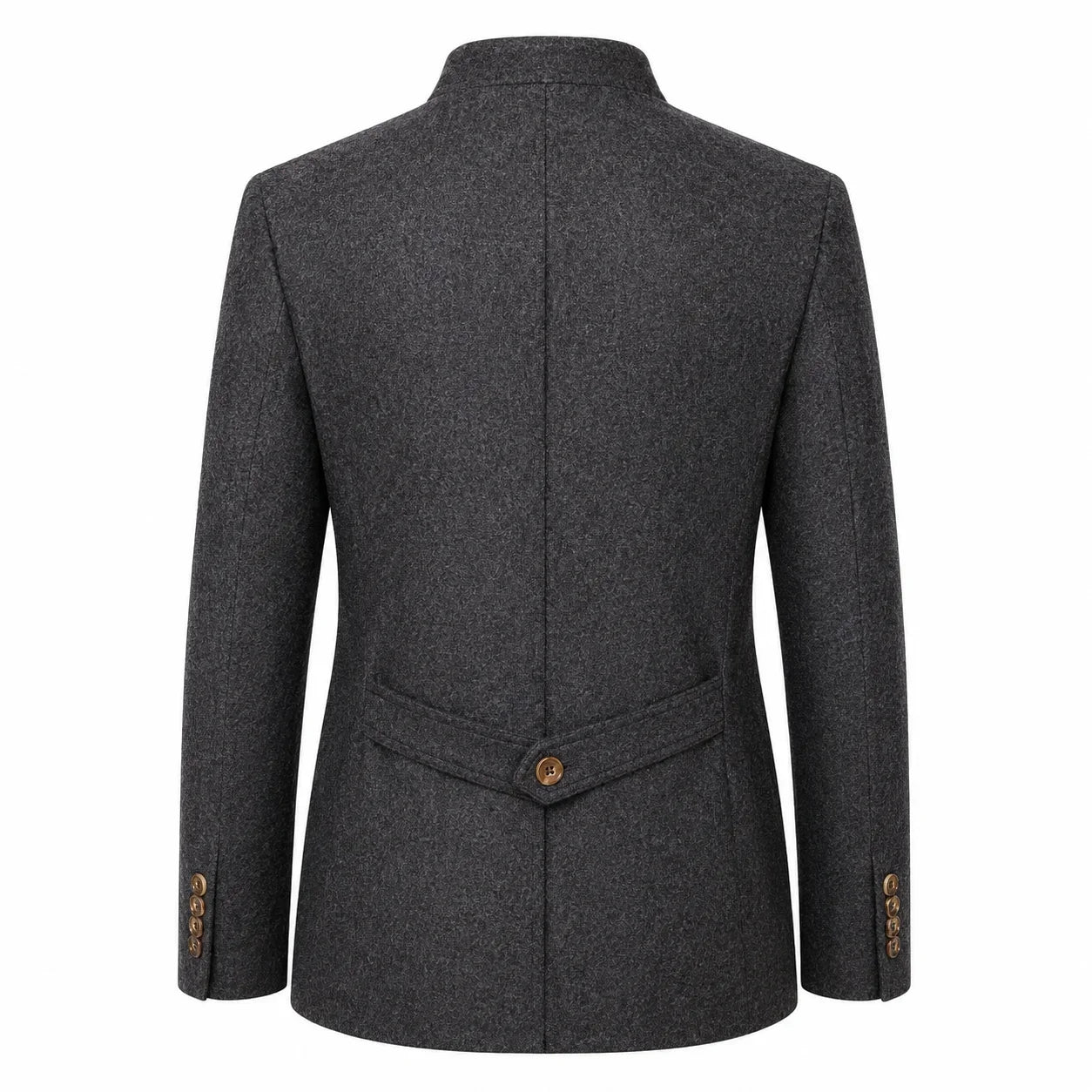 A dark gray textured wool-blend blazer shown from the back, featuring a single brown button at the waist and matching button details on the cuffs, set against a plain white background.