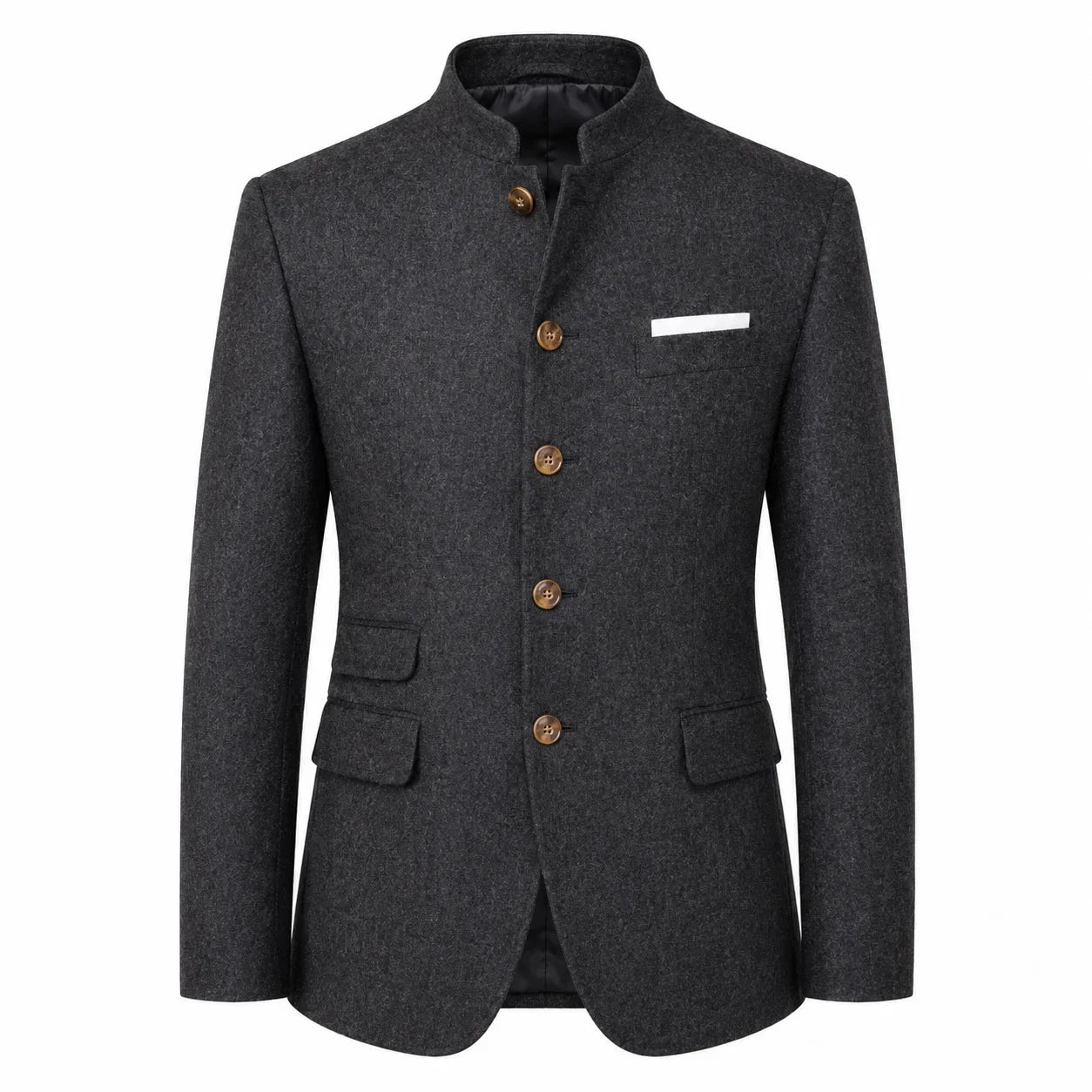 A dark gray textured wool-blend blazer with a mandarin collar, brown buttons, and a white pocket square, shown on a plain white background.