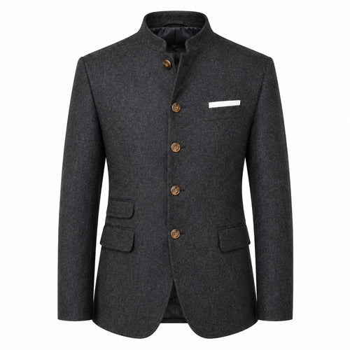 A dark gray textured wool-blend blazer with a mandarin collar, brown buttons, and a white pocket square, shown on a plain white background.