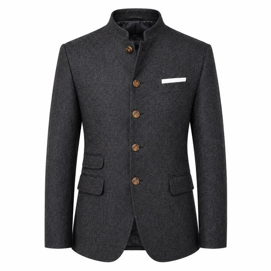 A dark gray textured wool-blend blazer with a mandarin collar, brown buttons, and a white pocket square, shown on a plain white background.