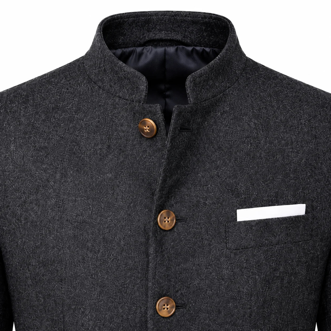 Close-up of a dark gray textured wool jacket with a mandarin collar, three brown buttons, and a white pocket square in a chest pocket.