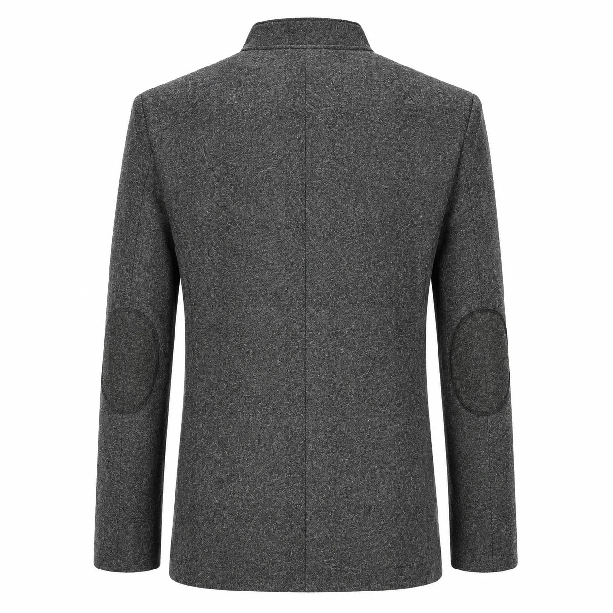 A dark gray textured wool-blend blazer shown from the back, featuring circular patchwork elbow patches on the sleeves and a clean collar.