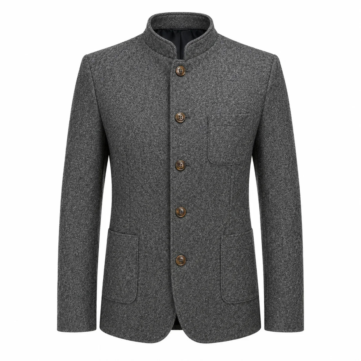 A men's gray textured wool jacket with a mandarin collar, four brown buttons, and front flap pockets, shown on a plain white background.