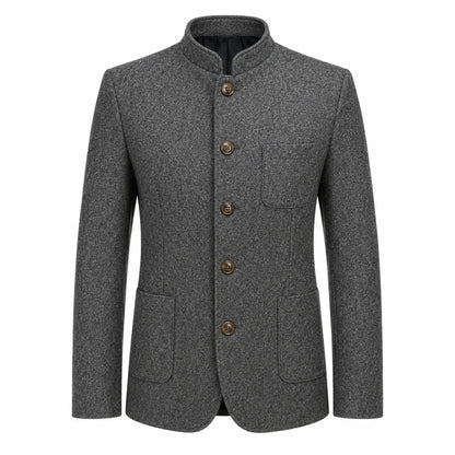 A men's gray textured wool jacket with a mandarin collar, four brown buttons, and front flap pockets, shown on a plain white background.