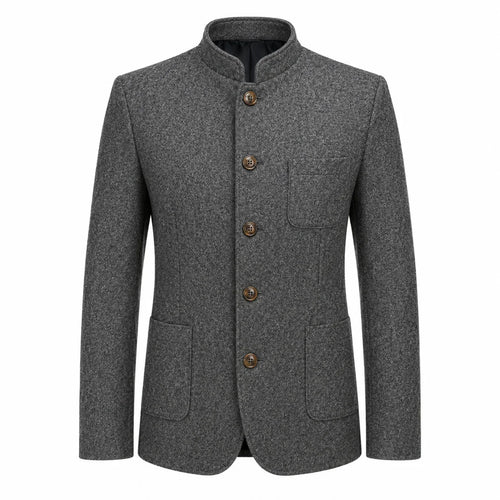 A men's gray textured wool jacket with a mandarin collar, four brown buttons, and front flap pockets, shown on a plain white background.