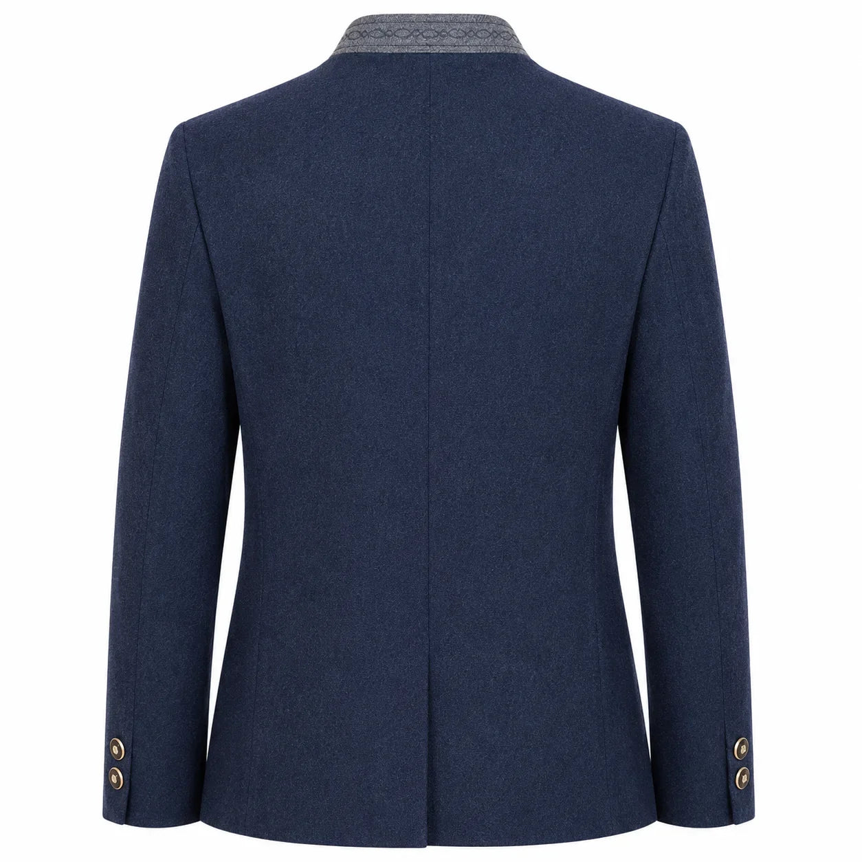 A navy blue wool blazer shown from the back, featuring a textured gray collar and gold-tone button details on the cuffs, set against a plain white background.