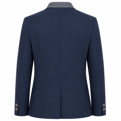 A navy blue wool blazer shown from the back, featuring a textured gray collar and gold-tone button details on the cuffs, set against a plain white background.