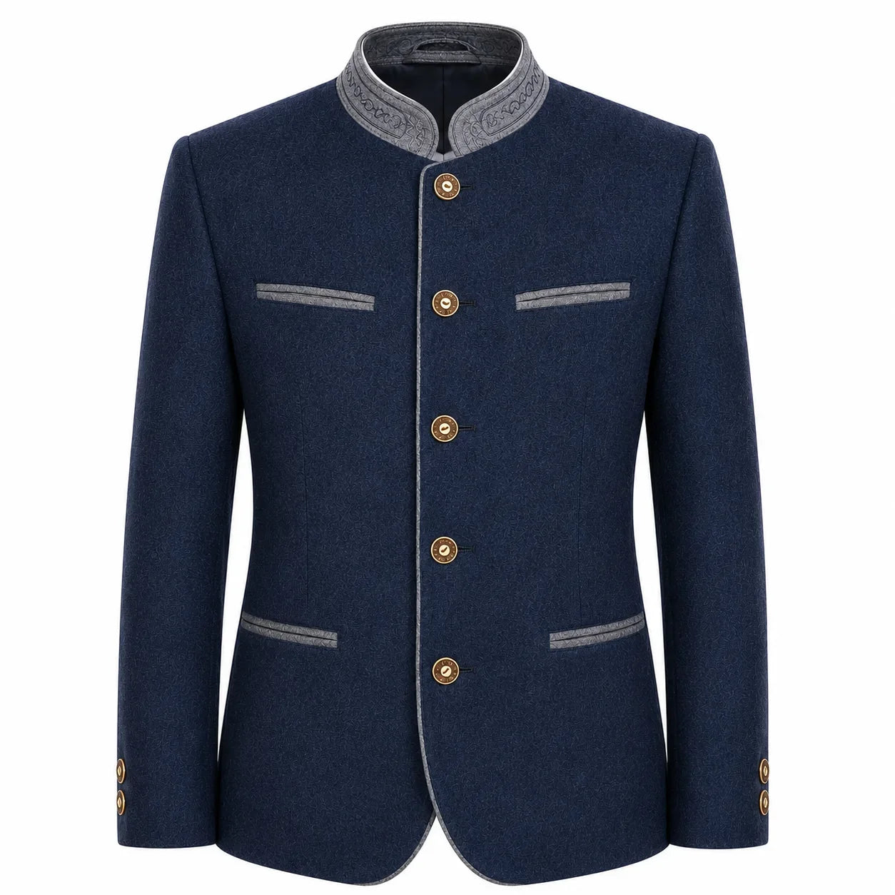 A men's traditional-style jacket in dark navy blue, featuring a mandarin collar with gray embroidered trim, gold-tone buttons, and gray piping details on the chest and cuffs, shown against a plain white background.