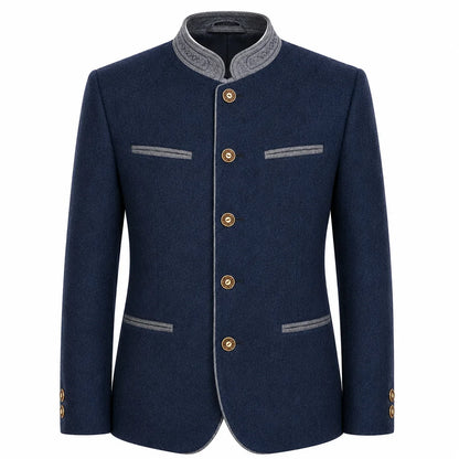A men's traditional-style jacket in dark navy blue, featuring a mandarin collar with gray embroidered trim, gold-tone buttons, and gray piping details on the chest and cuffs, shown against a plain white background.