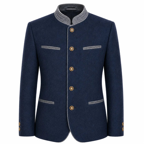 A men's traditional-style jacket in dark navy blue, featuring a mandarin collar with gray embroidered trim, gold-tone buttons, and gray piping details on the chest and cuffs, shown against a plain white background.