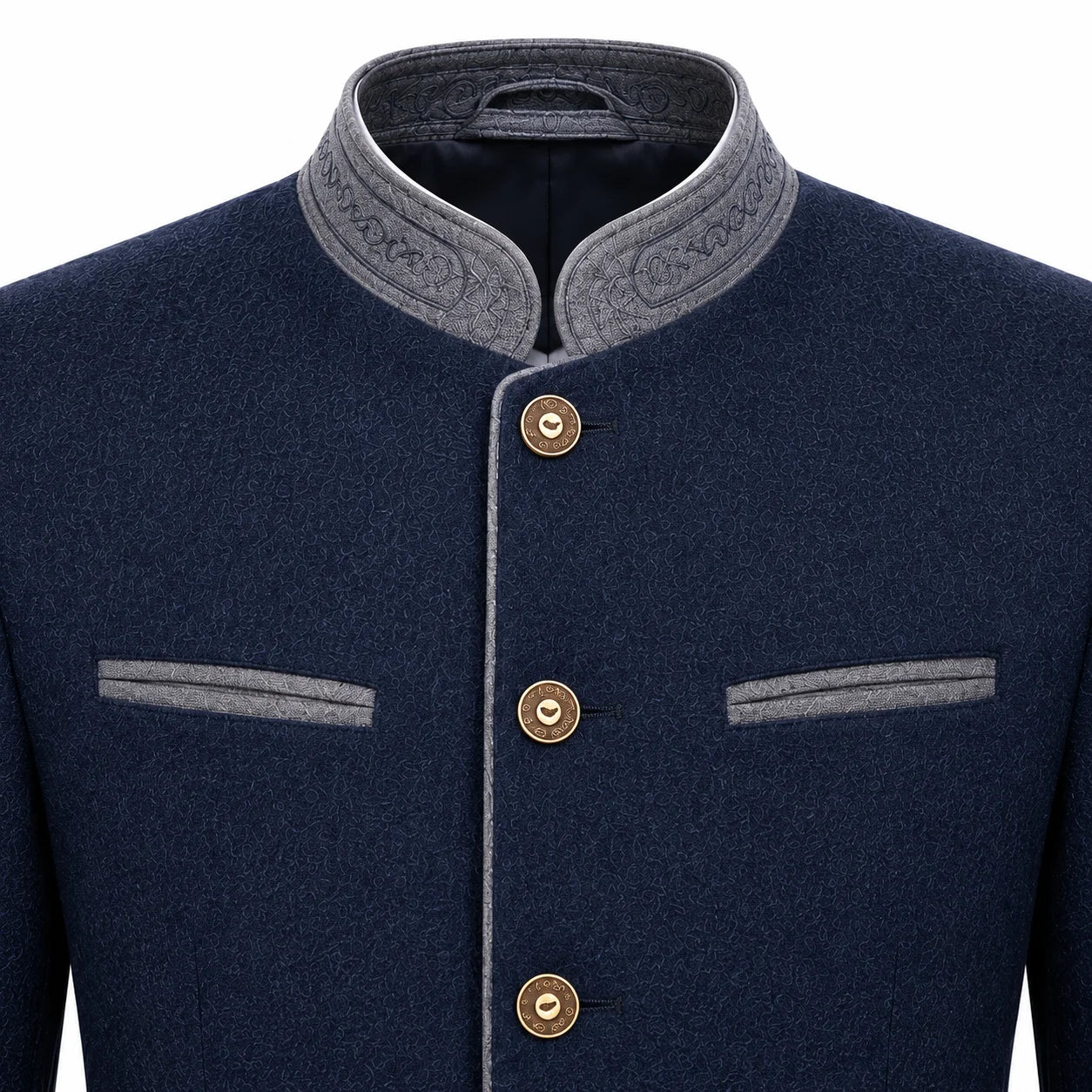 A close-up of a men's traditional-style jacket in dark navy blue with contrasting gray trim on the stand collar, button placket, and chest pockets, featuring three gold-tone buttons.