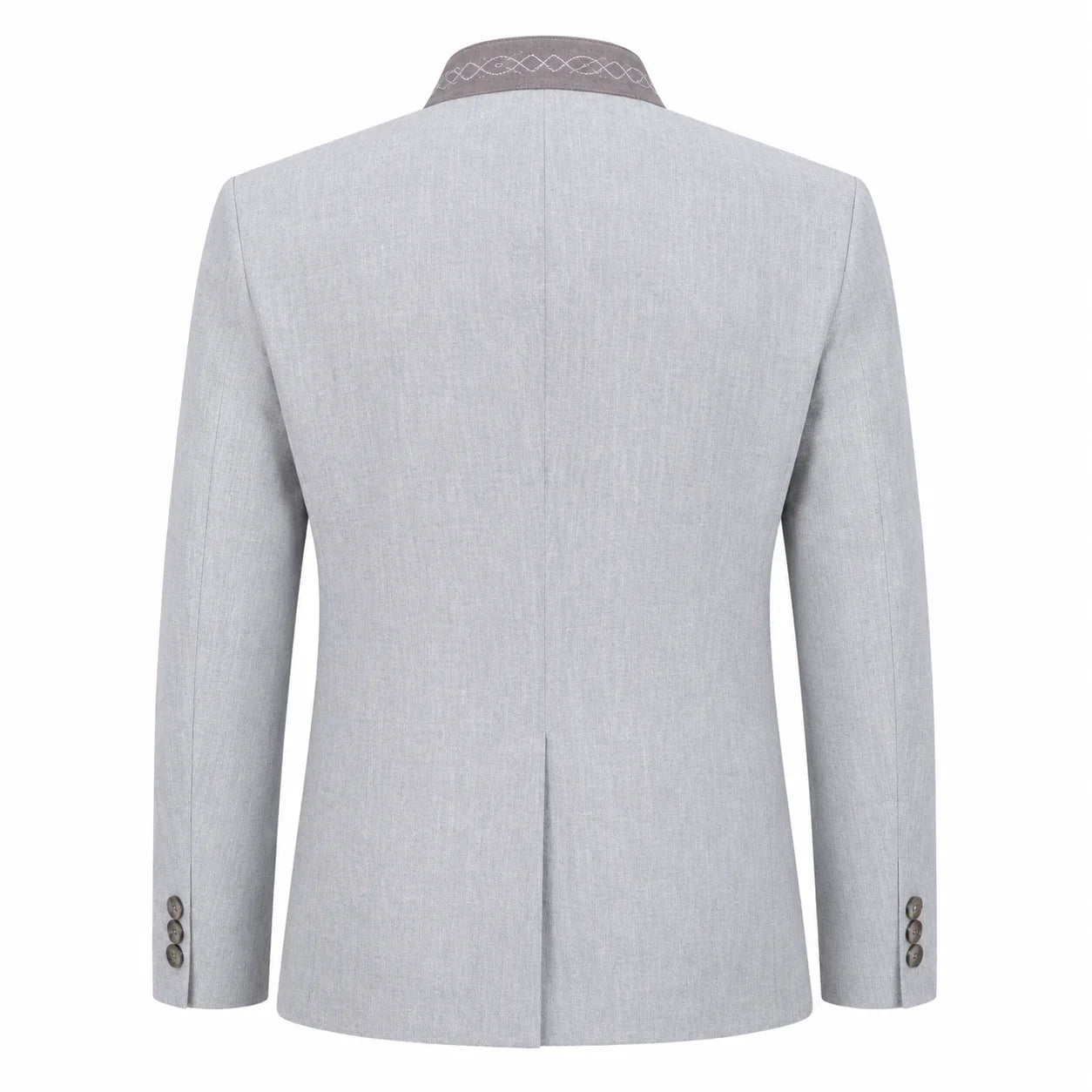 The back view of a light gray textured blazer with a patterned gray collar and button details on the cuffs, shown against a plain white background.