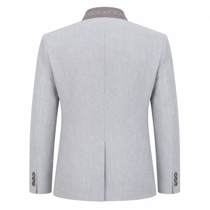 The back view of a light gray textured blazer with a patterned gray collar and button details on the cuffs, shown against a plain white background.