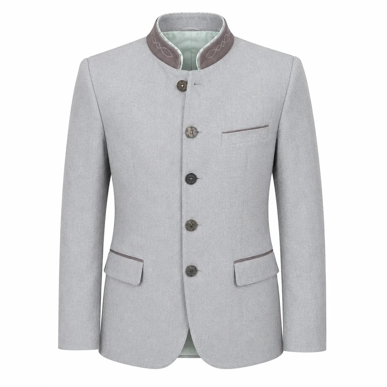 A light gray men's traditional jacket with a mandarin collar, dark brown buttons, and a light green lining visible at the collar, shown on a plain white background.