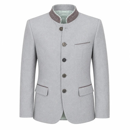 A light gray men's traditional jacket with a mandarin collar, dark brown buttons, and a light green lining visible at the collar, shown on a plain white background.