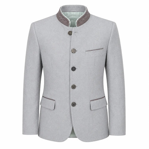 A light gray men's traditional jacket with a mandarin collar, dark brown buttons, and a light green lining visible at the collar, shown on a plain white background.