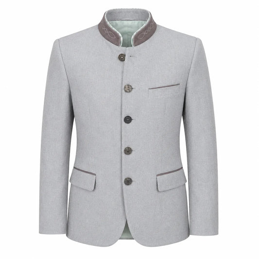 A light gray men's traditional jacket with a mandarin collar, dark brown buttons, and a light green lining visible at the collar, shown on a plain white background.