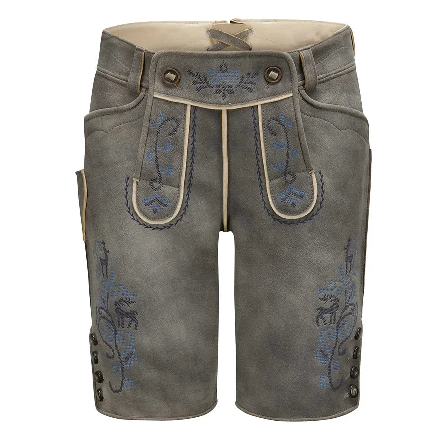Gray shorts with blue embroidery on a white background