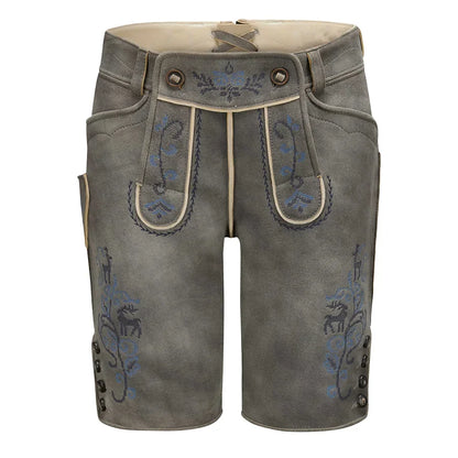 Gray shorts with blue embroidery on a white background