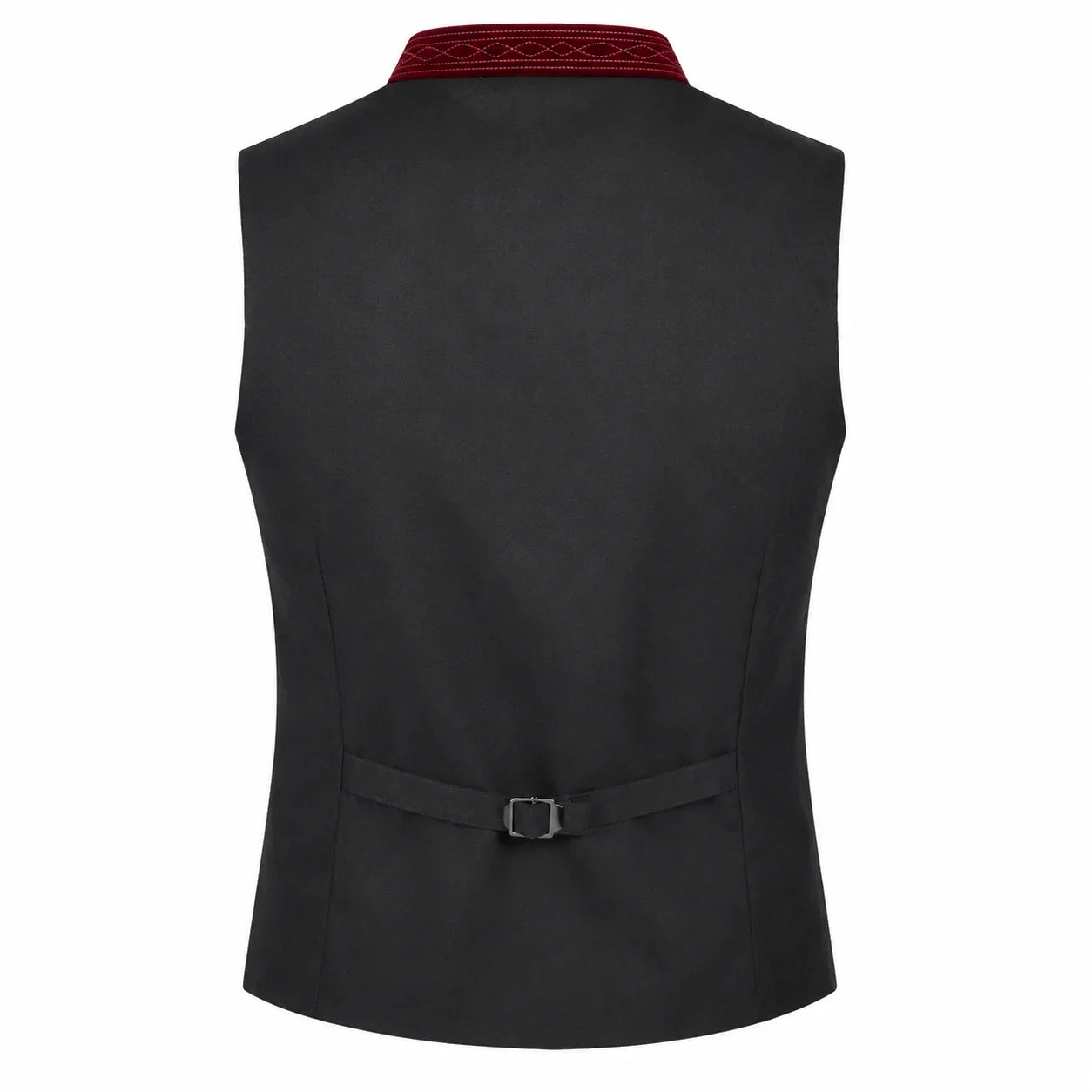 A black waistcoat vest with a red patterned collar and a matching black waist belt with a silver buckle, shown from the back on a white background.