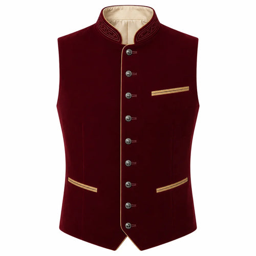 A men's waistcoat vest in deep burgundy velvet with gold trim details, decorative buttons, and a beige inner collar, shown on a plain white background.