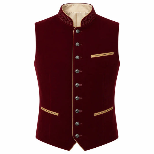 A men's waistcoat vest in deep burgundy velvet with gold trim details, decorative buttons, and a beige inner collar, shown on a plain white background.
