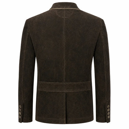 A dark brown suede blazer shown from the back, featuring a structured collar, a central seam, a waist belt, and button details on the cuffs, set against a plain white background.