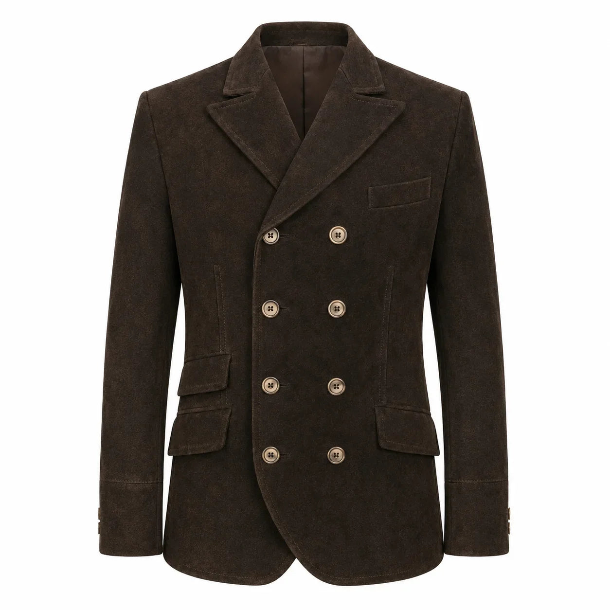 A dark brown double-breasted blazer jacket made of textured corduroy or suede-like fabric, featuring gold-tone buttons and a notch lapel, shown against a plain white background.