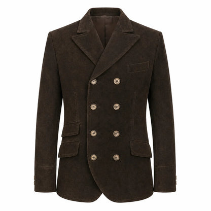 A dark brown double-breasted blazer jacket made of textured corduroy or suede-like fabric, featuring gold-tone buttons and a notch lapel, shown against a plain white background.