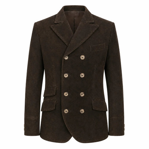 A dark brown double-breasted blazer jacket made of textured corduroy or suede-like fabric, featuring gold-tone buttons and a notch lapel, shown against a plain white background.