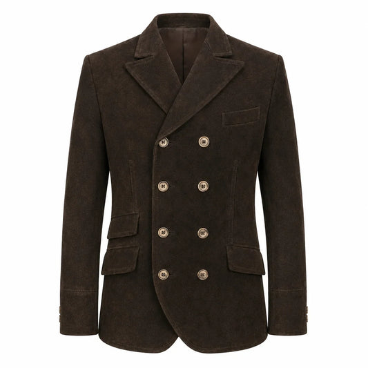 A dark brown double-breasted blazer jacket made of textured corduroy or suede-like fabric, featuring gold-tone buttons and a notch lapel, shown against a plain white background.