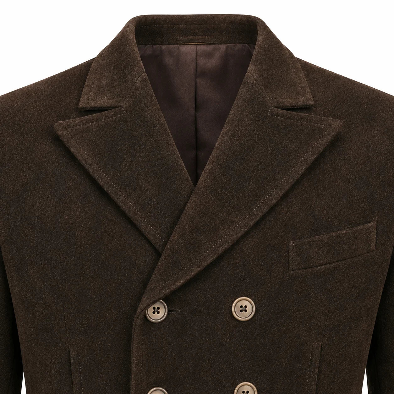 Close-up of a dark brown double-breasted wool-blend blazer with notch lapels and four buttons, shown on a white background.