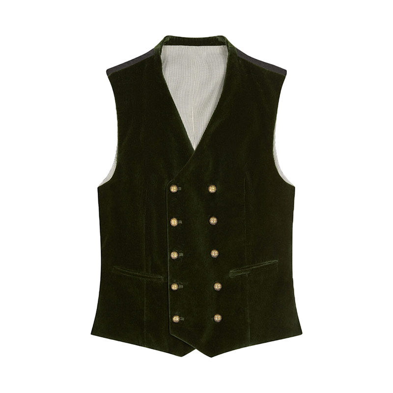 Black waistcoat with gold buttons on a white background