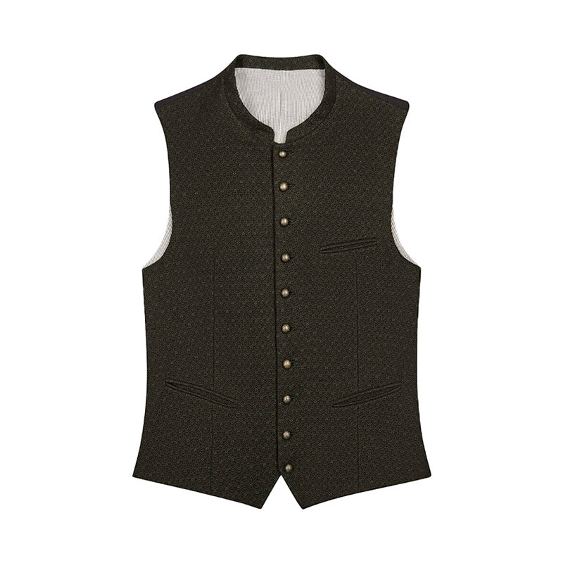 Dark patterned vest with button details on a white background
